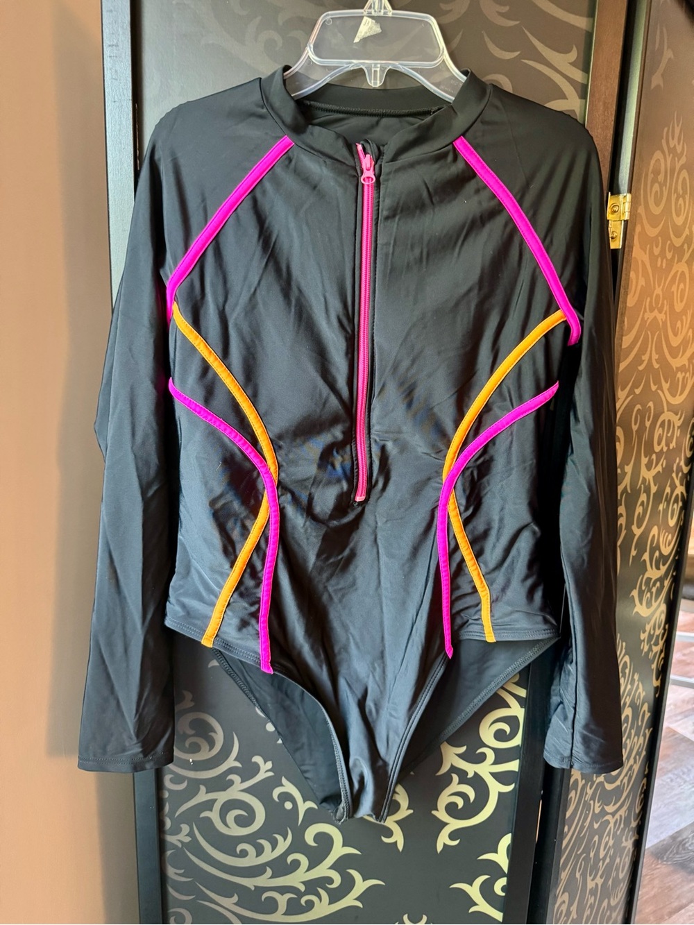 Black Long-Sleeve One-Piece Swimsuit with Pink & Orange Trim